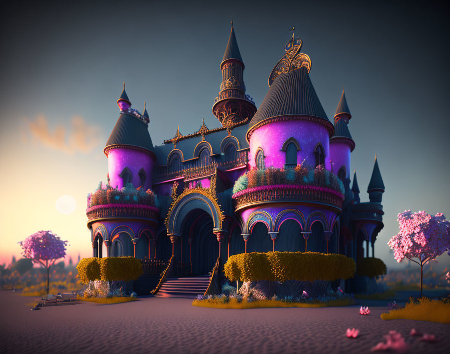 Vibrant purple castle with ornate spires in twilight setting