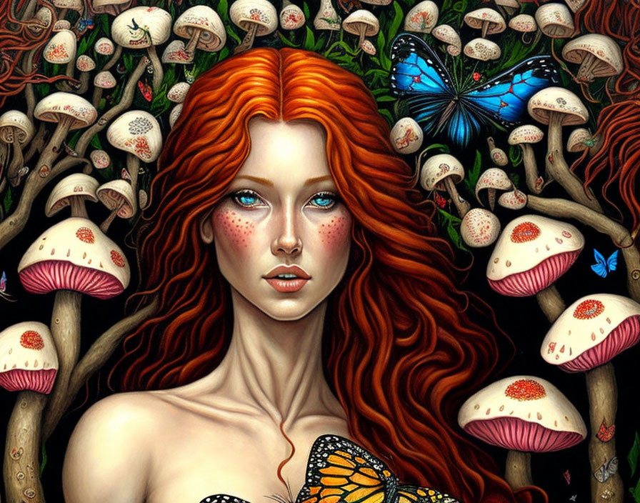 Redheaded woman with blue eyes among mushrooms and butterflies