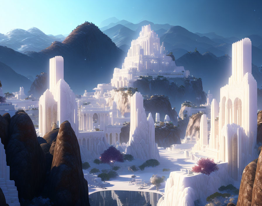 Fantasy city with white towers in mountain landscape with purple trees