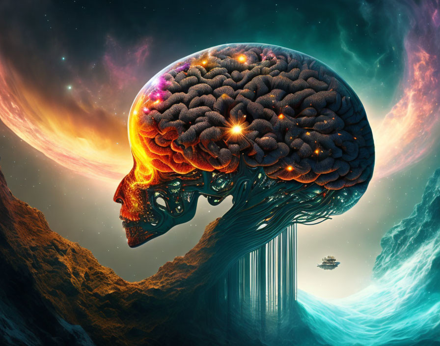 Surreal image of human brain with cosmic elements over landscape