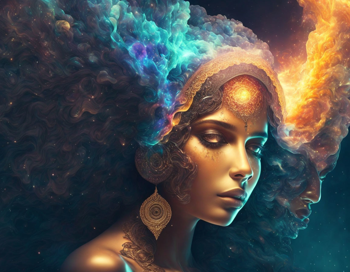 Vibrant portrait of a woman with cosmic hair and elaborate headpiece