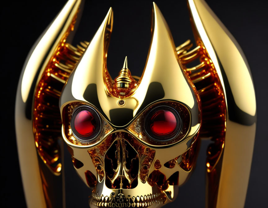 Golden Skull with Elaborate Designs and Red Glasses on Dark Background