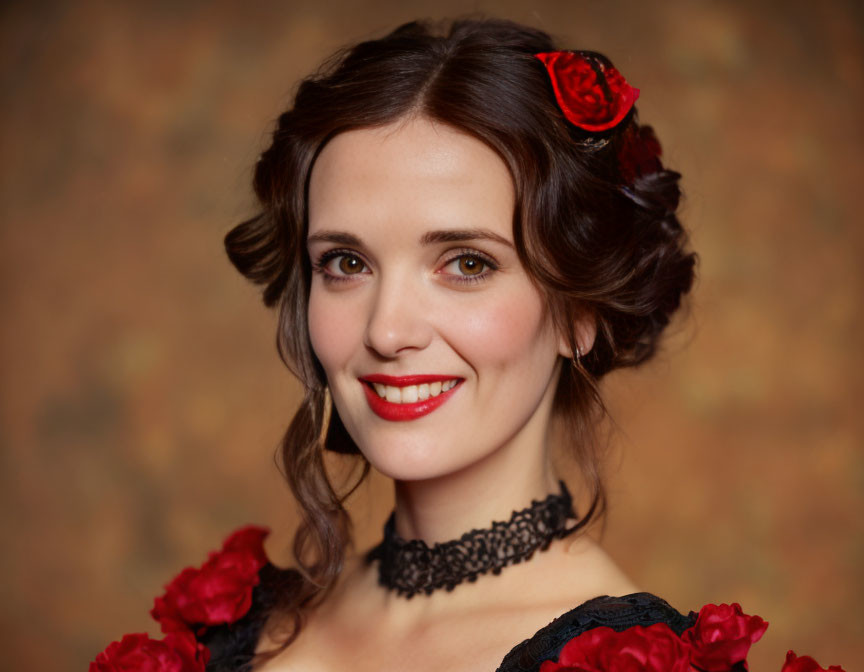 Woman with warm smile, black lace choker, red roses, black and red outfit