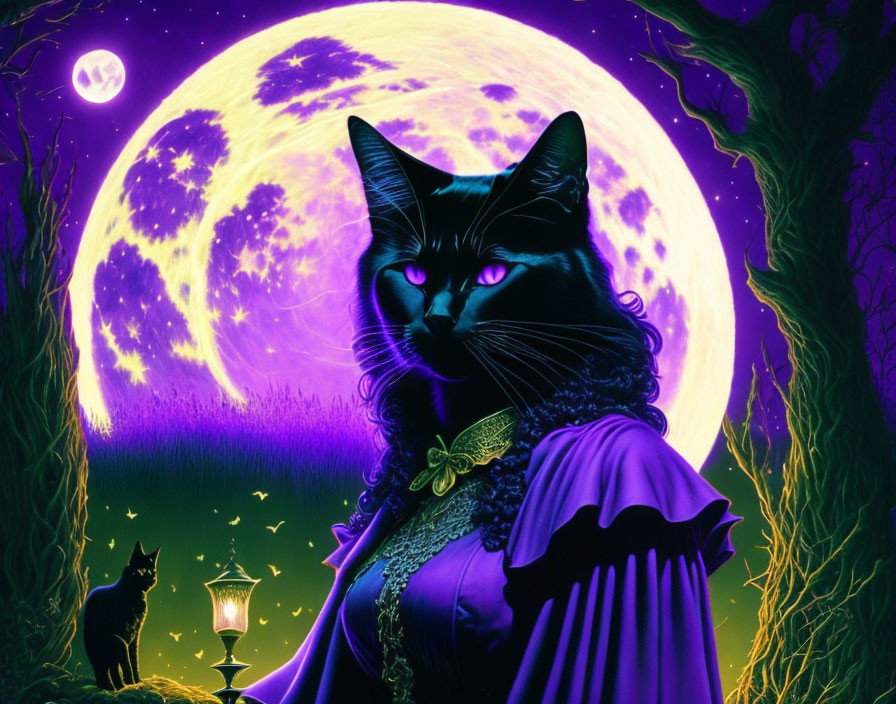 Stylized black cat with blue eyes in purple cloak under full moon