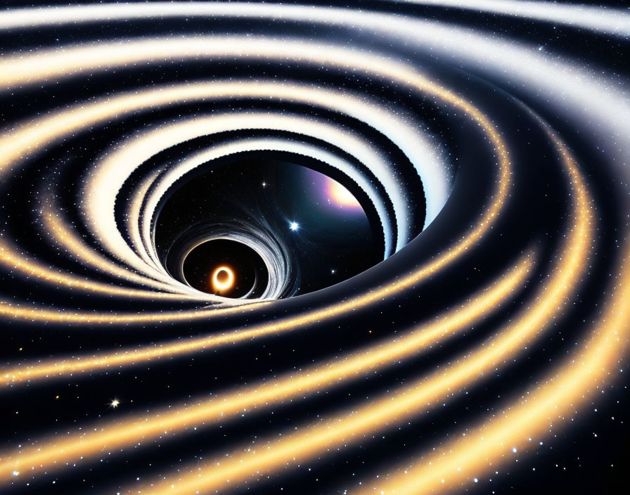 Digital illustration: Black hole warping space with accretion rings and stars.