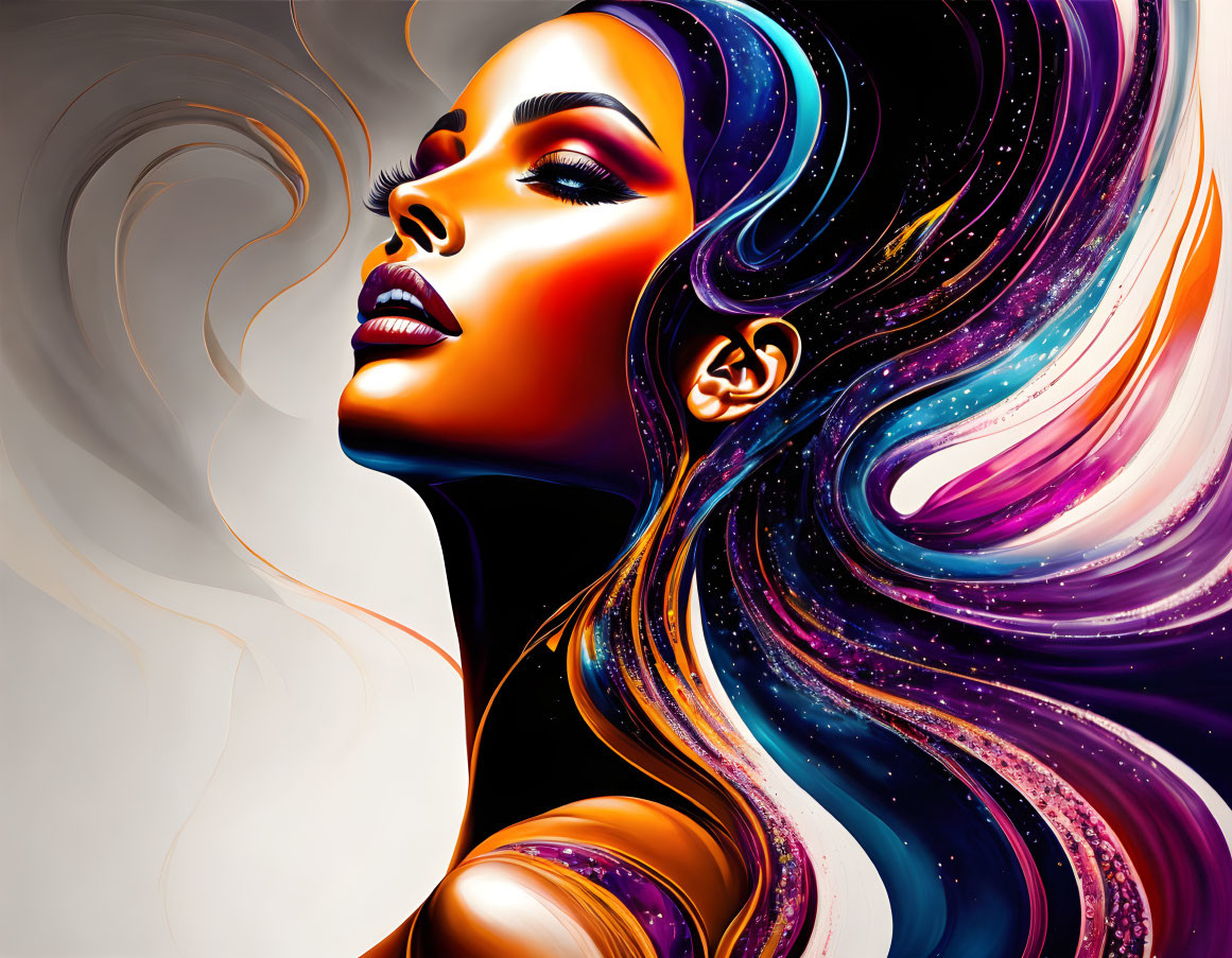 Vibrant digital artwork: Woman with flowing hair in cosmic background