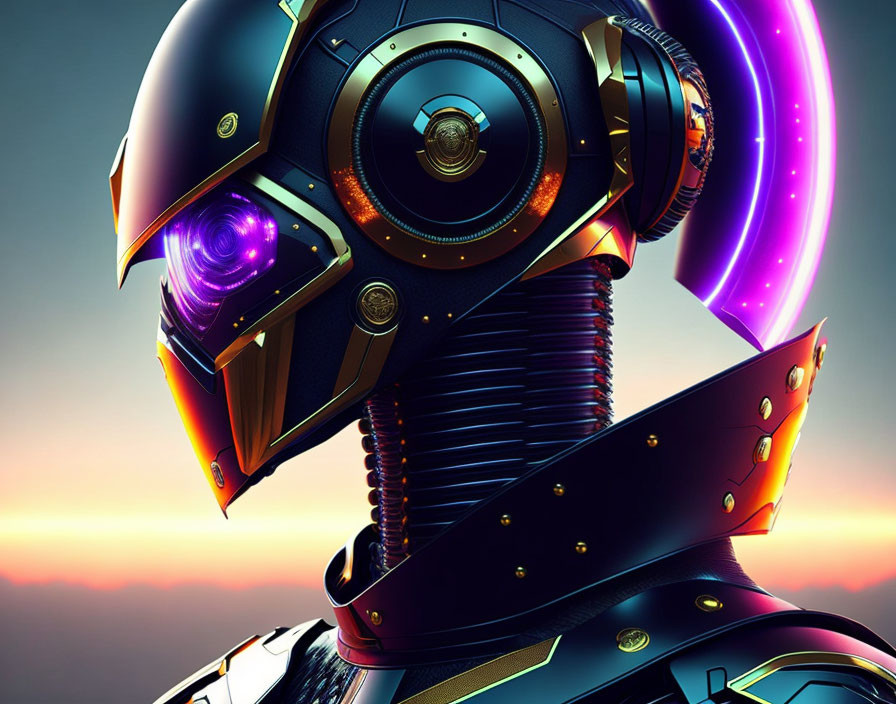 Futuristic robotic knight with golden helmet in purple twilight