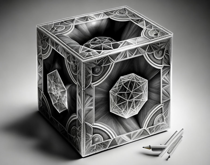 Detailed 3D geometric drawing with cube, spheres, and polyhedrons next to pencils