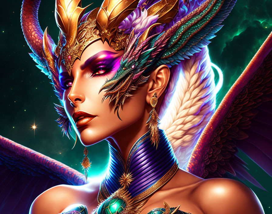 Regal woman digital art portrait with golden crown and wings