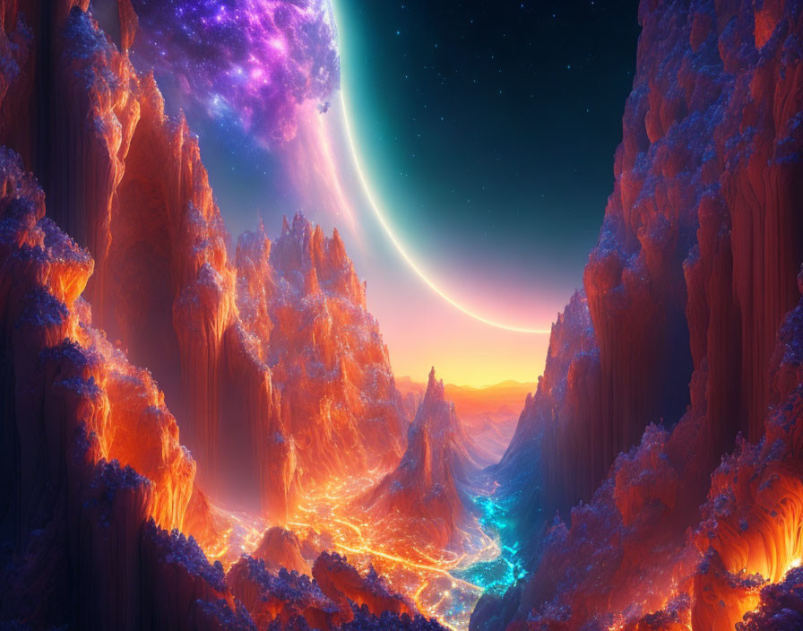 Fiery canyon digital art with glowing river & cosmic sky