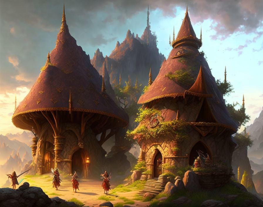 Fantasy landscape: Mushroom houses, armored guards, mountain backdrop at sunset