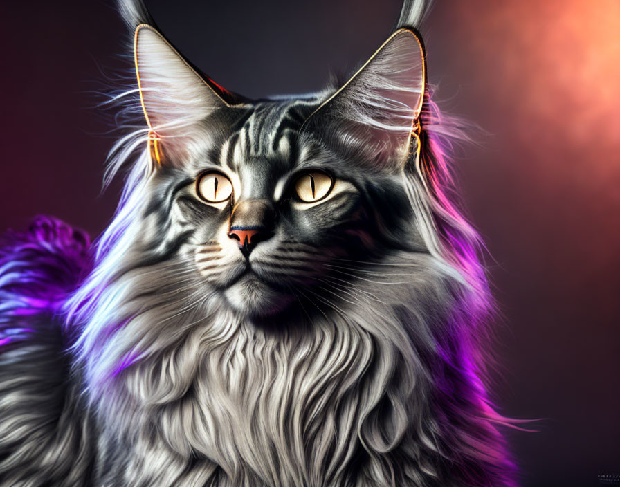 Majestic long-haired cat with vibrant purple and pink background