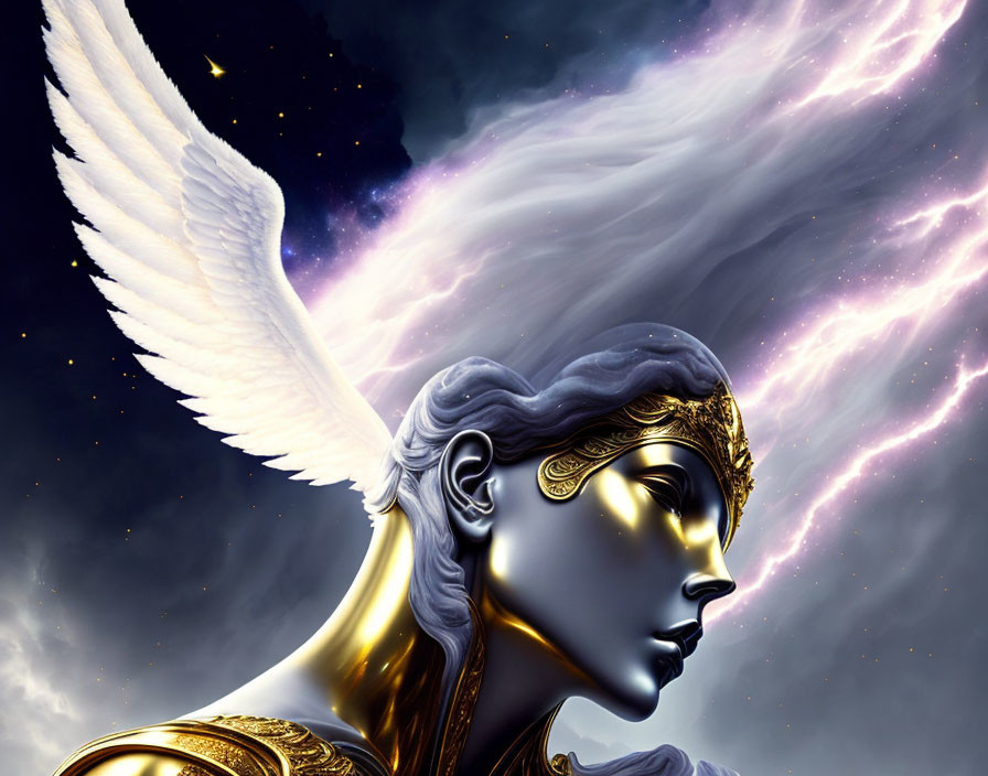 Digital art portrait of winged humanoid in golden armor against cosmic backdrop.