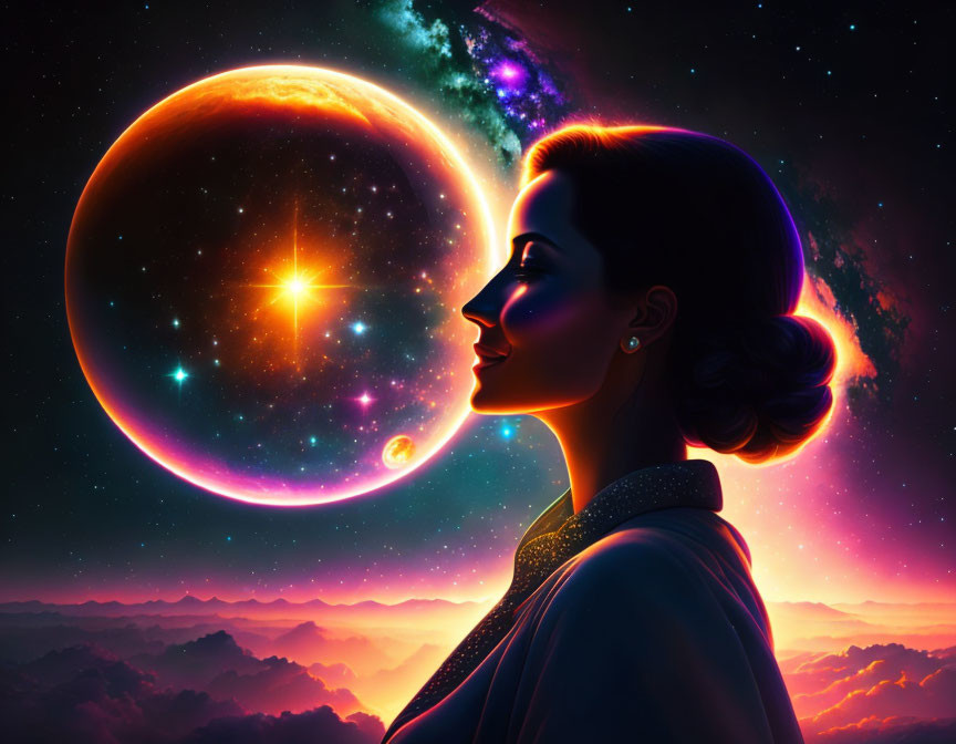 Vibrant cosmic profile portrait with moon and stars