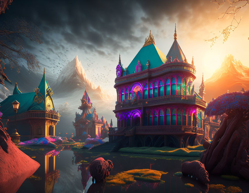 Vibrant illuminated palace in mystical fantasy landscape