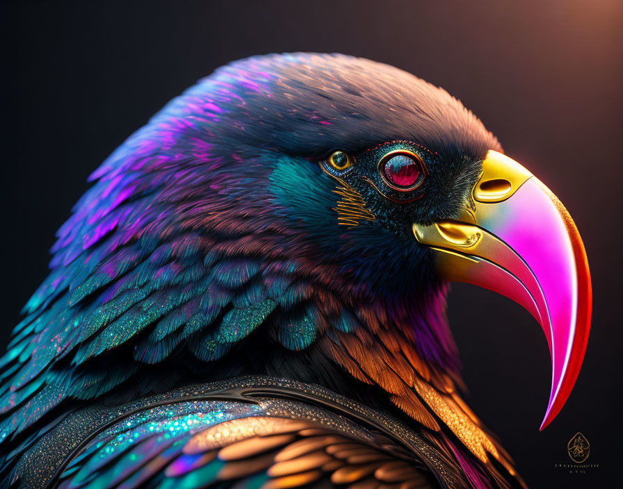 Vibrantly colored eagle with blue and purple feathers and golden beak