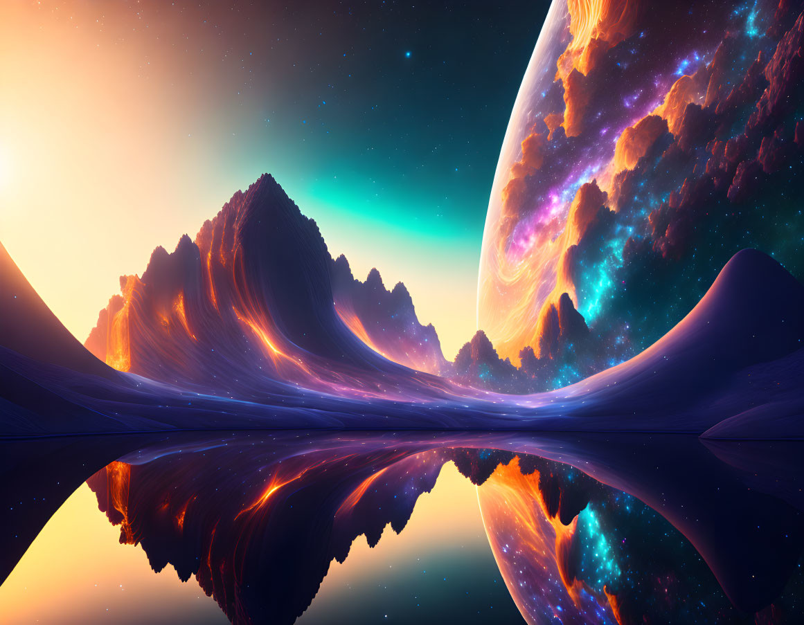 Sci-fi landscape with reflective surface, mountains, planet, and nebula at sunset