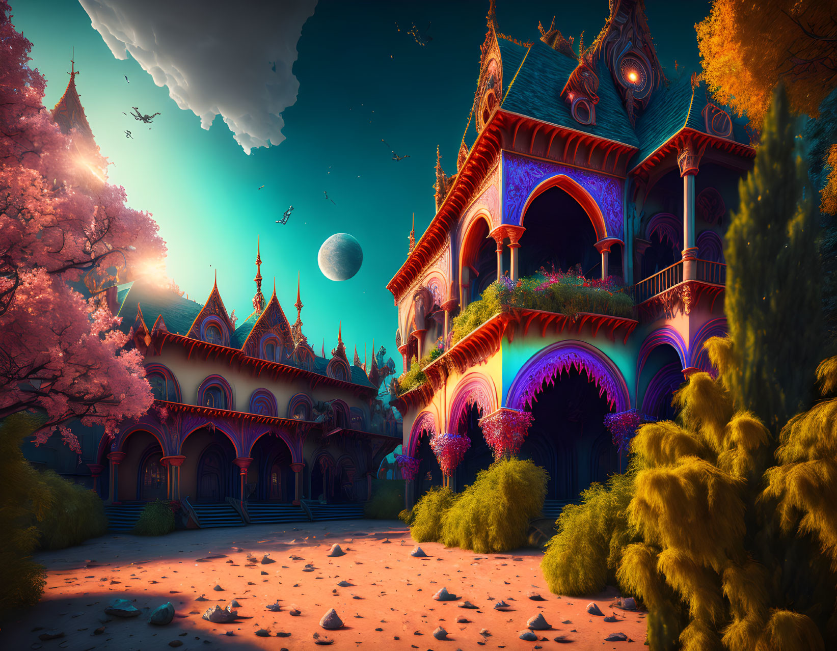 Colorful fantasy landscape with ornate buildings and celestial sky