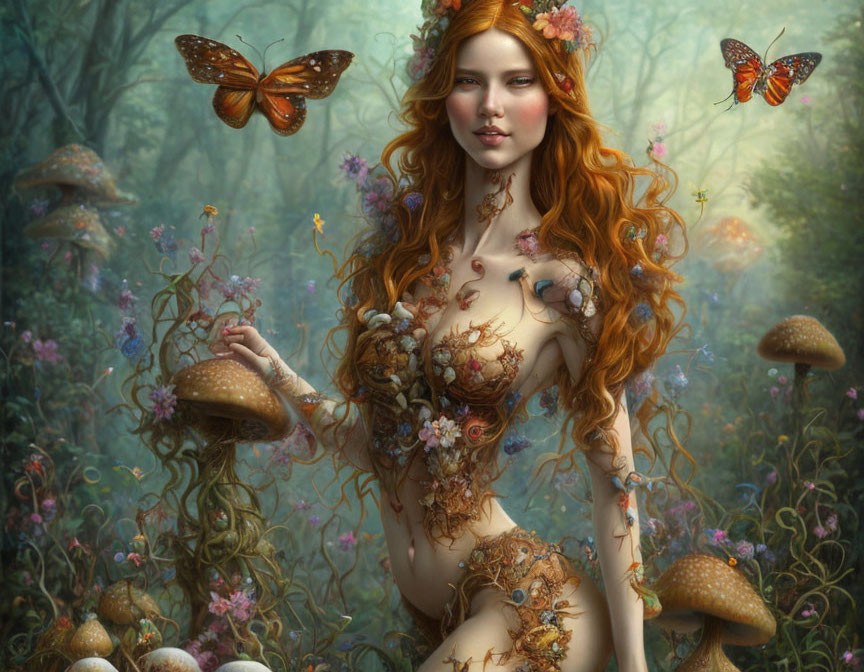 Long Red-Haired Female Figure in Fantastical Forest