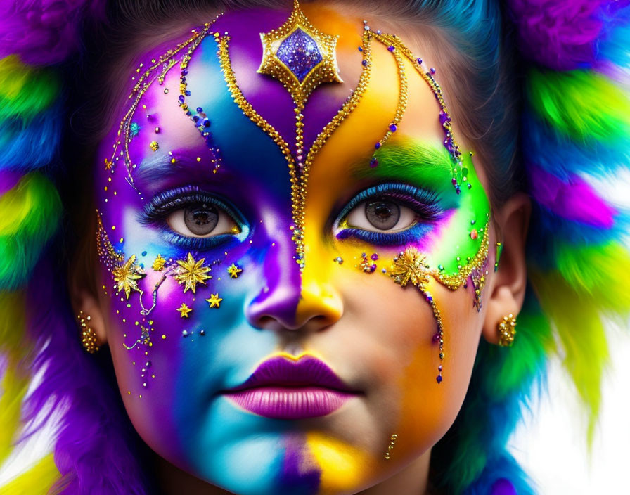 Colorful Face Painting with Rainbow Colors and Sparkling Gems