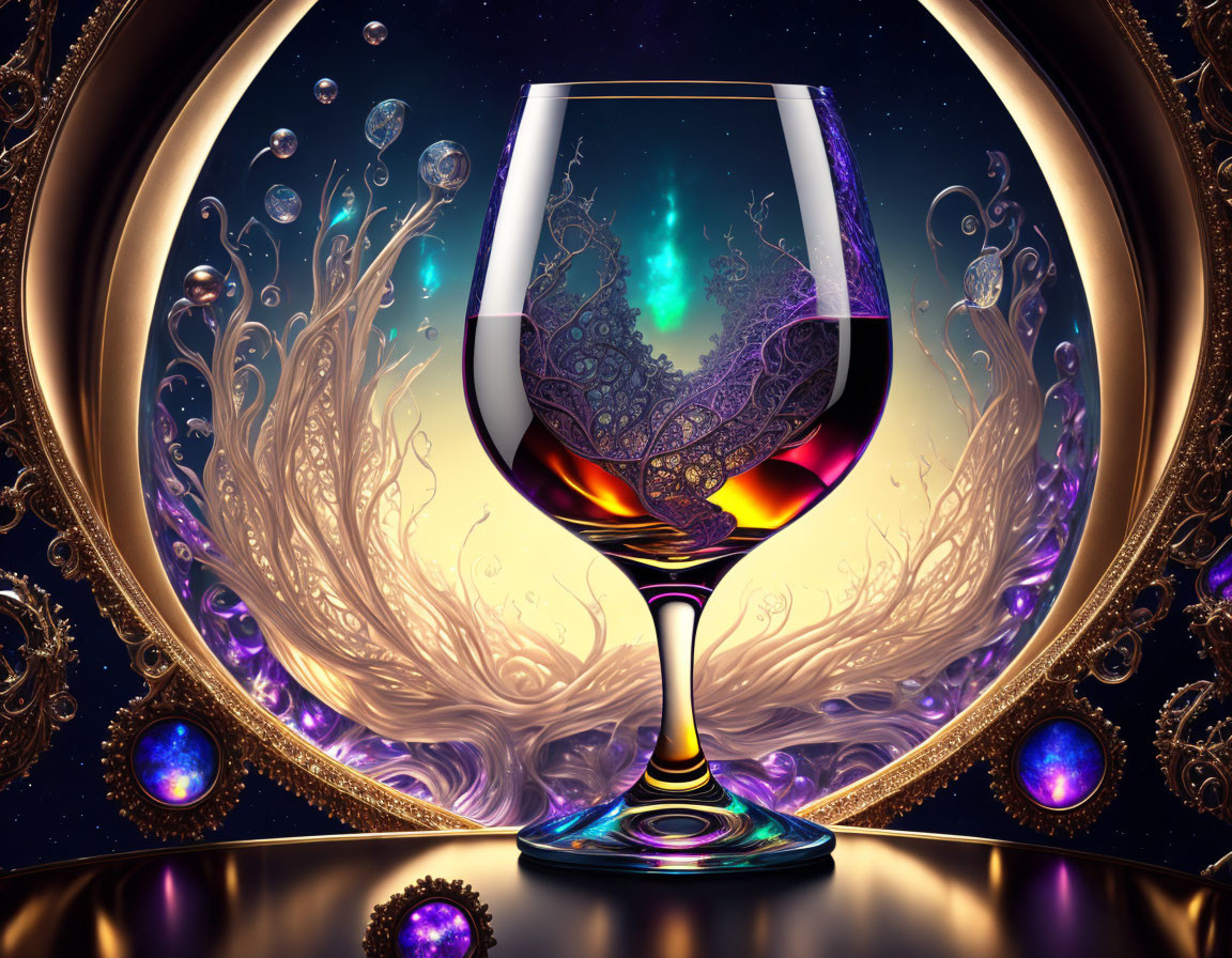 Colorful digital artwork: Cosmic glass with golden swirls