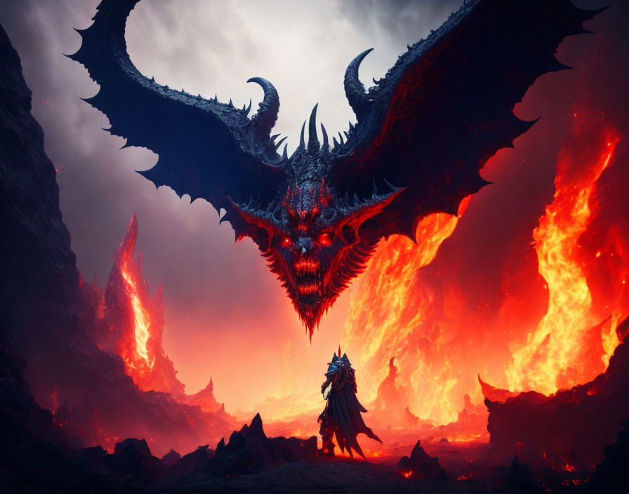 Majestic dragon and armored figure in volcanic landscape