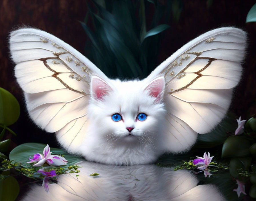 White Cat with Blue Eyes and Butterfly Wings in Greenery and Flowers