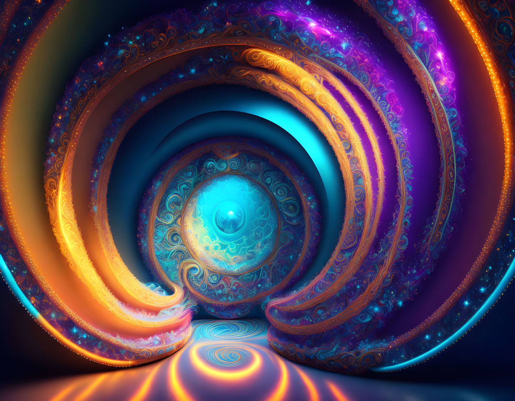 Colorful digital fractal image with swirling blue, orange, and purple patterns