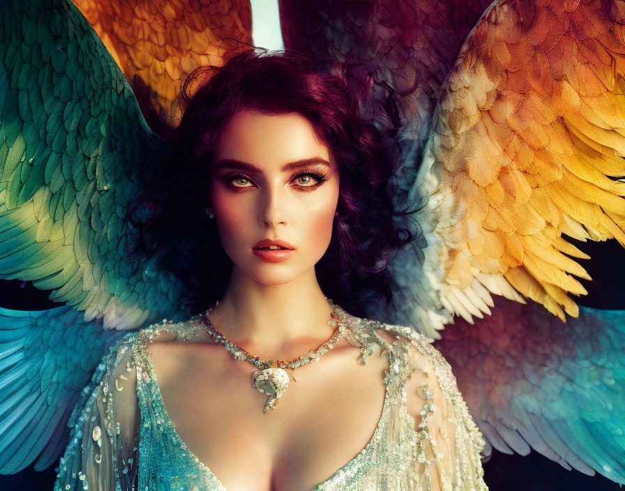 Woman with dramatic makeup and dark hair in jeweled dress and multicolored angel wings