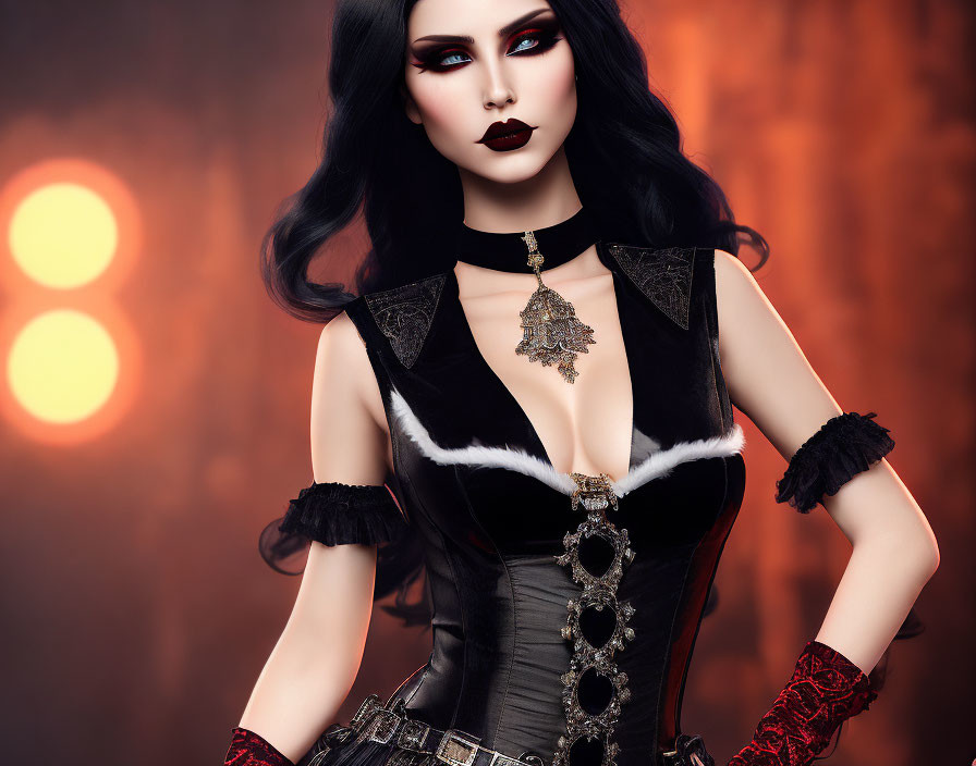 Stylized Gothic female figure in fur collar pendant outfit