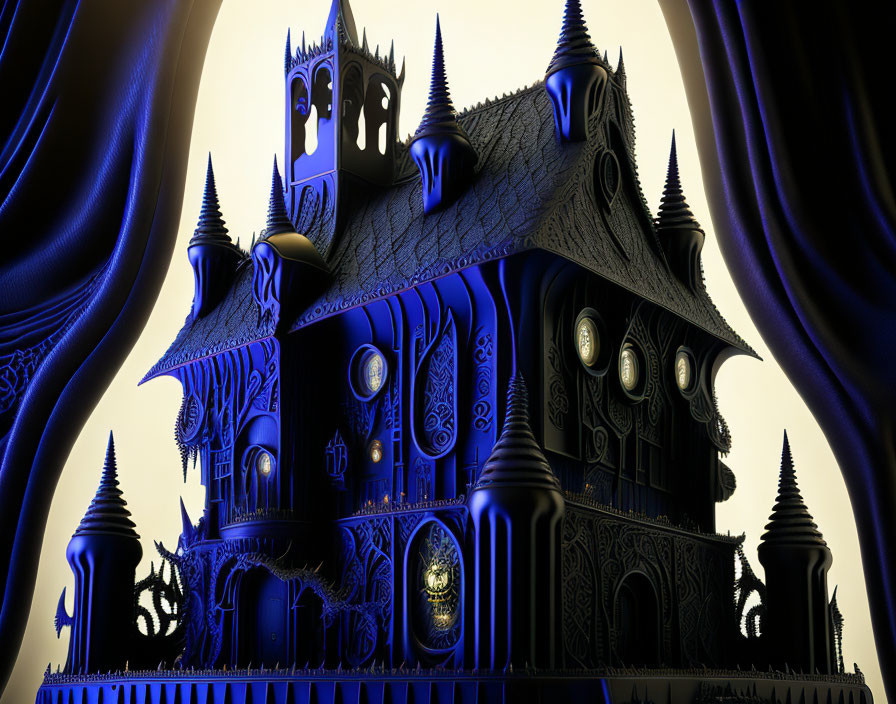 Dark castle digital artwork with intricate Gothic designs and moody golden backlight