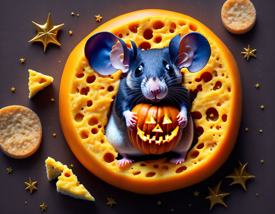 Whimsical Mouse with Jack-o'-lantern and Cheese on Dark Background