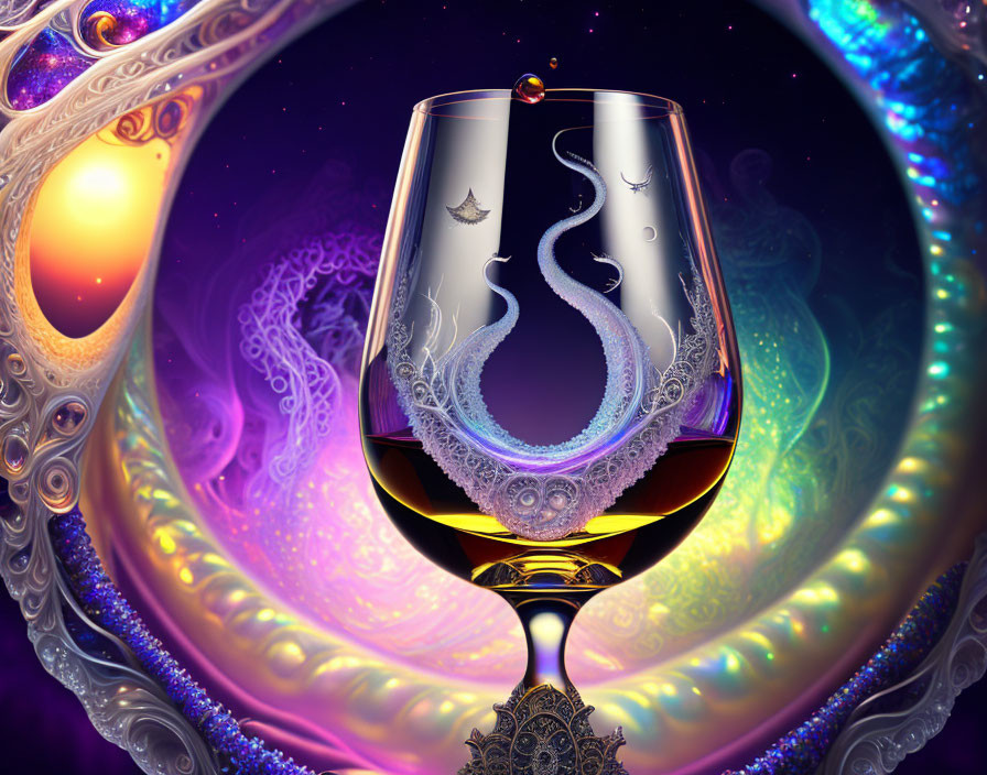 Surreal digital image of intricate wine glass on colorful fractal background