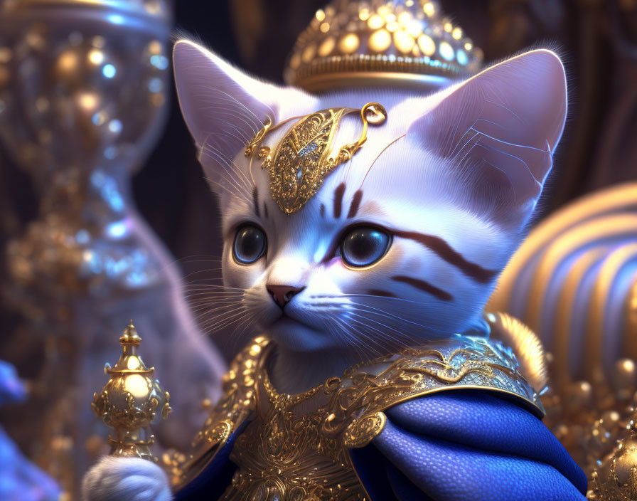 White cat in golden armor with jeweled headpiece and scepter among treasures