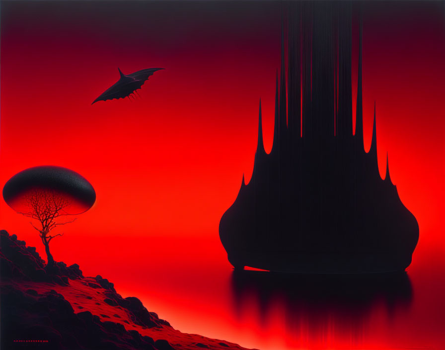 Fantastical red landscape with castle silhouette, flying creature, lone tree, under red sky