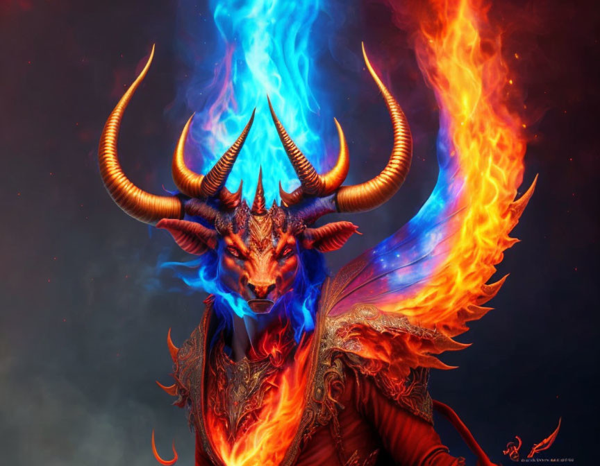 Fiery creature with horns and blue flames on dark background