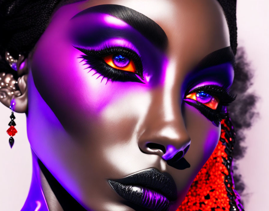 Stylized digital artwork: woman with purple lighting, makeup, ornate earrings