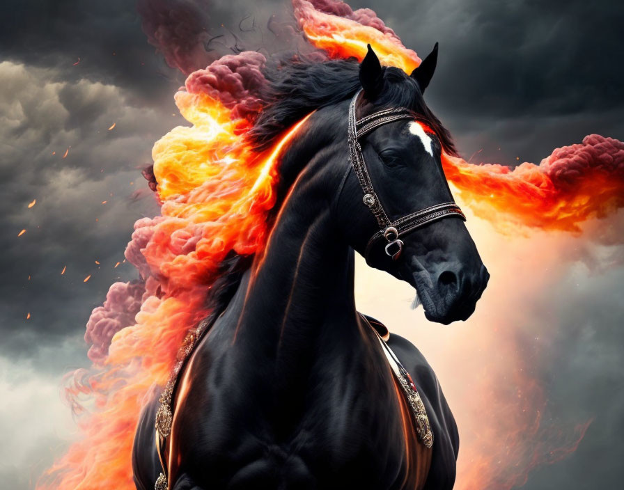 Majestic Black Horse with Gleaming Coat Against Dramatic Sky