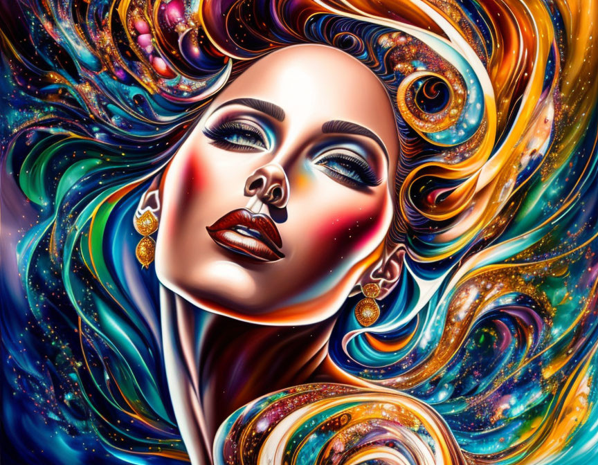 Colorful artwork: Woman with cosmic hair swirls in blues, oranges, and purples