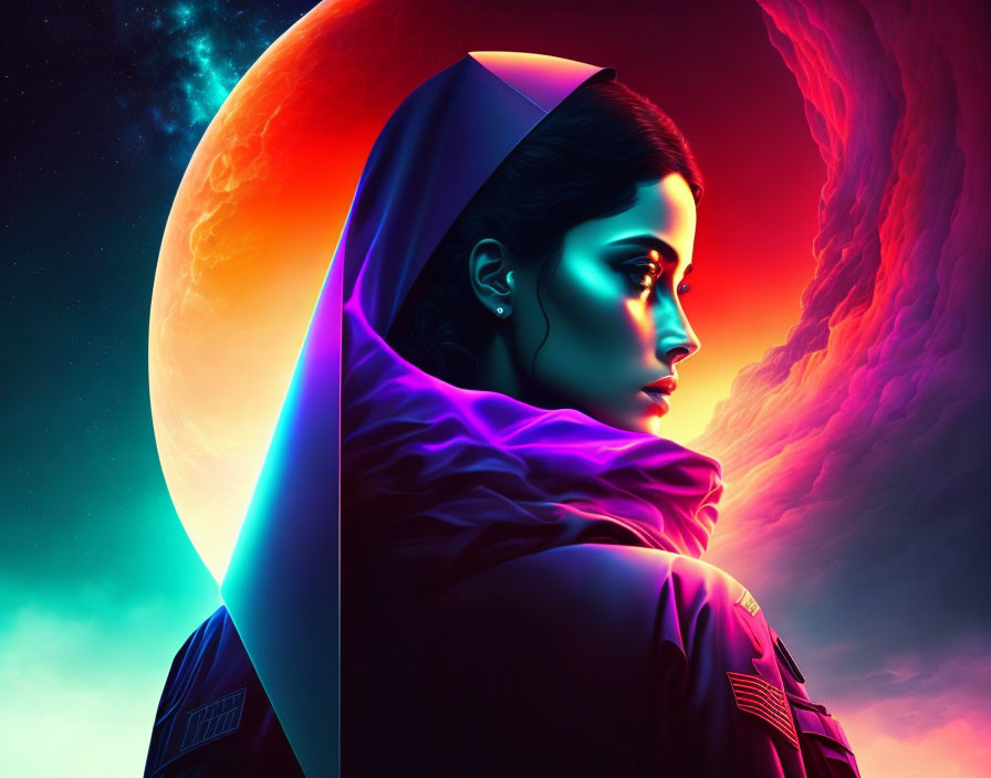 Woman in hooded cloak against vibrant cosmic background with fiery moon and cool blue space ambiance.