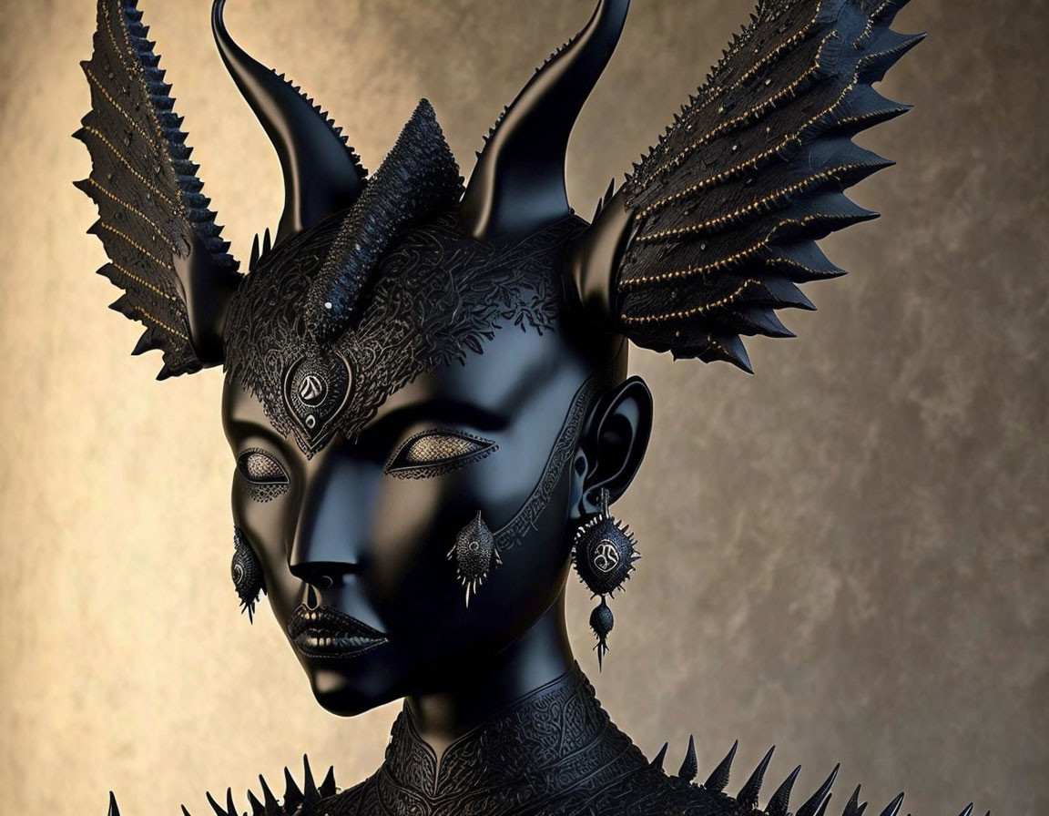 Dark Fantasy Illustration: Character with Horns, Wing-like Ears, and Ornate Details