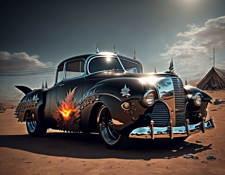 Vintage Custom Car with Flame Design in Desert Setting