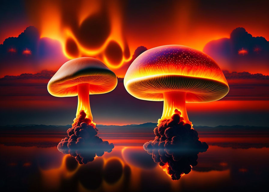 Stylized mushroom cloud explosions over water in vivid sky