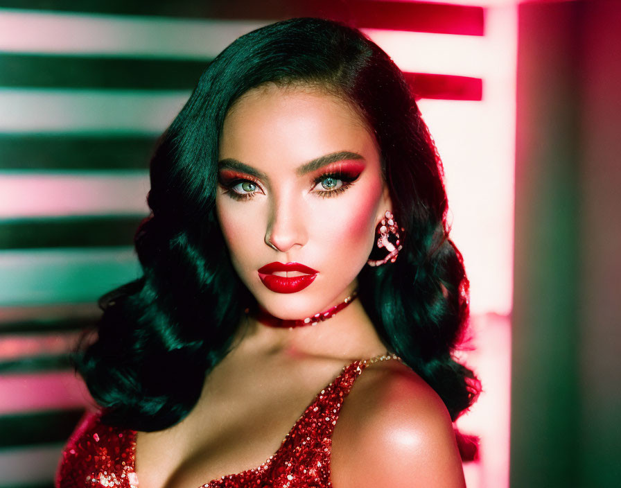 Glamorous woman in red sequin attire with sultry pose in pink and green lit room