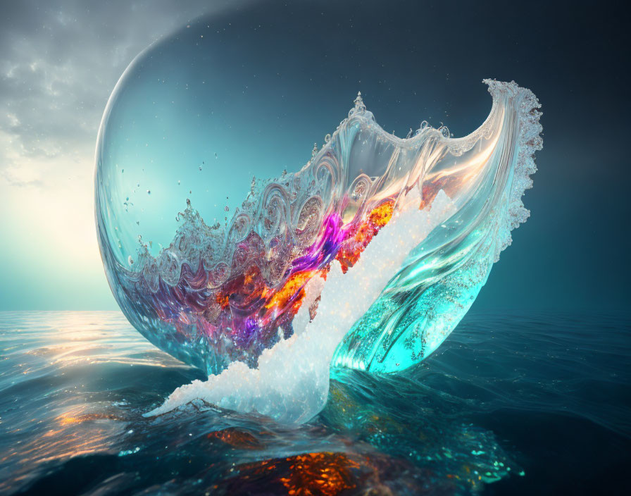 Surreal digital artwork of ornate frozen wave in transparent bubble