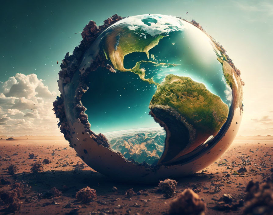 Surreal image: Cracked globe with green landscapes in desert setting