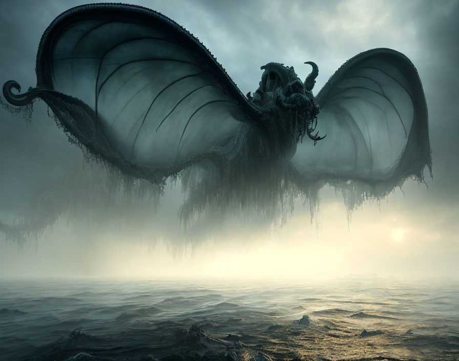 Giant Winged Creature with Tentacles Over Misty Ocean