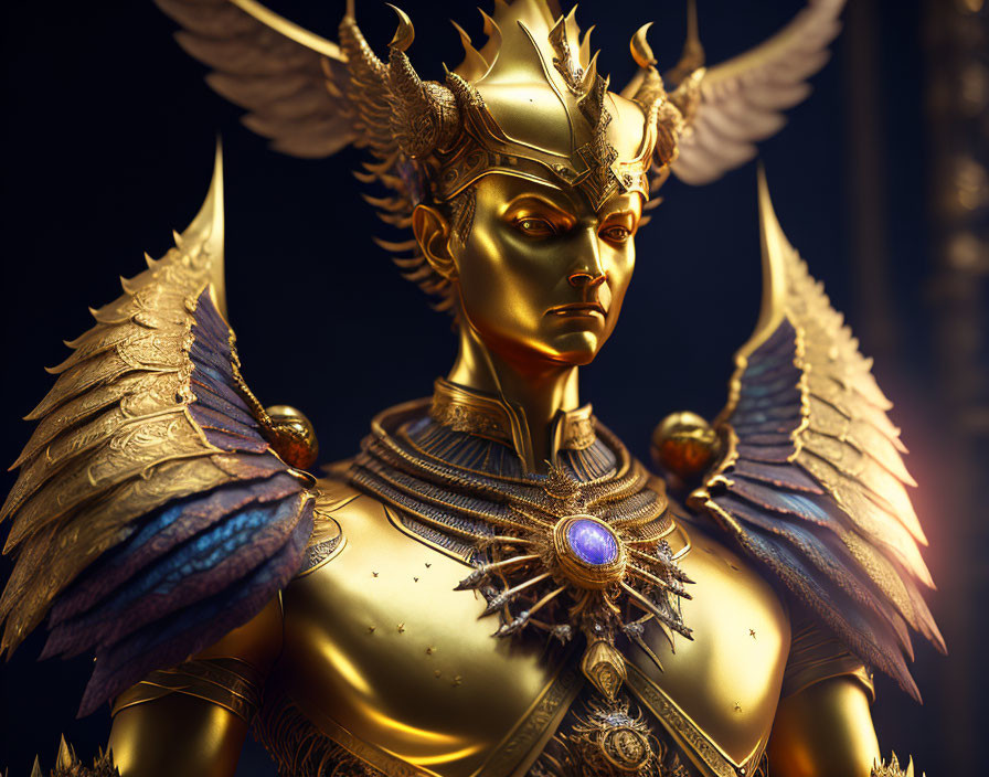 Golden Armored Figure with Winged Shoulders and Regal Helmet