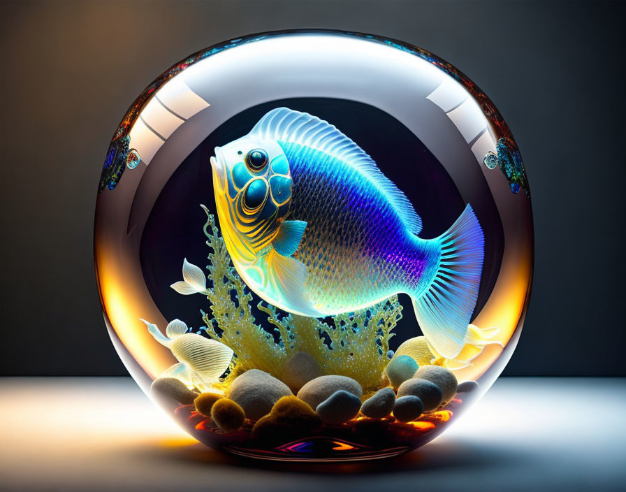 Colorful Three-Dimensional Fish Glass Paperweight with Bubbles, Coral, and Pebbles