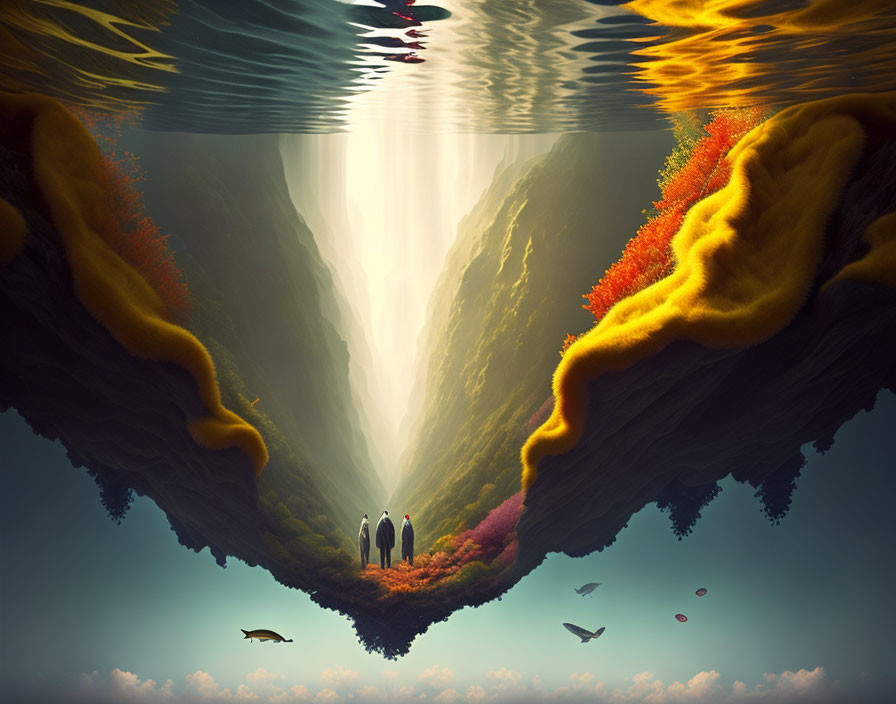 Surreal landscape: Inverted elements, people among cliffs, mirrored sky, autumn foliage, flying